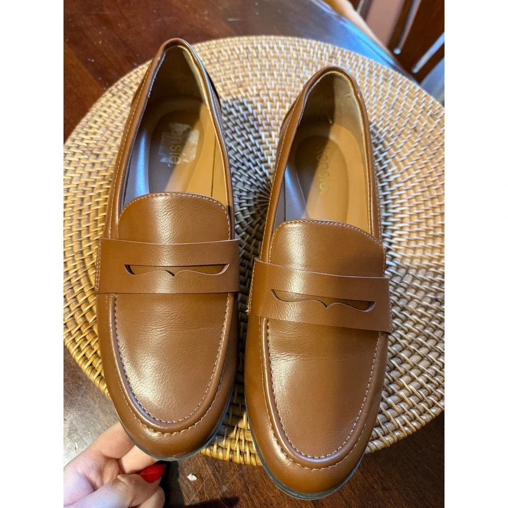 Kensie Womens Cognac Brown Faux Leather Penny Loafers Classic Slip On Flats